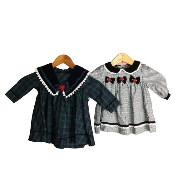 Bonnie Baby Dress Set of Two Collared Velvet and Lace Trim Size 12 Months Party